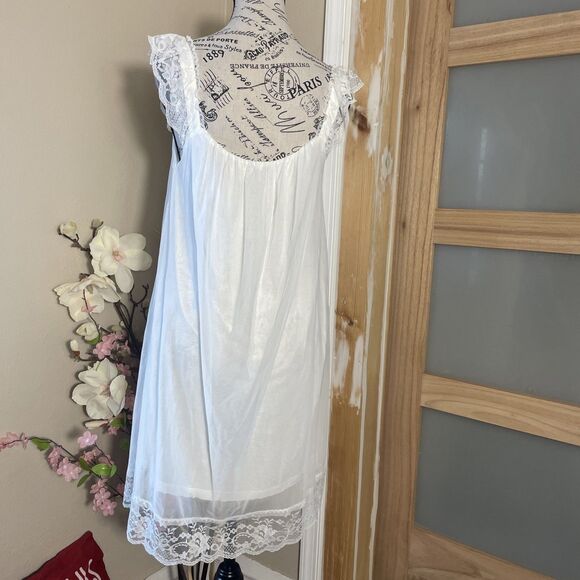 White Sheer Chiffon Lace Trim Nightgown Romantic Bridal Lingerie Slip Dress M - Picture 6 of 9